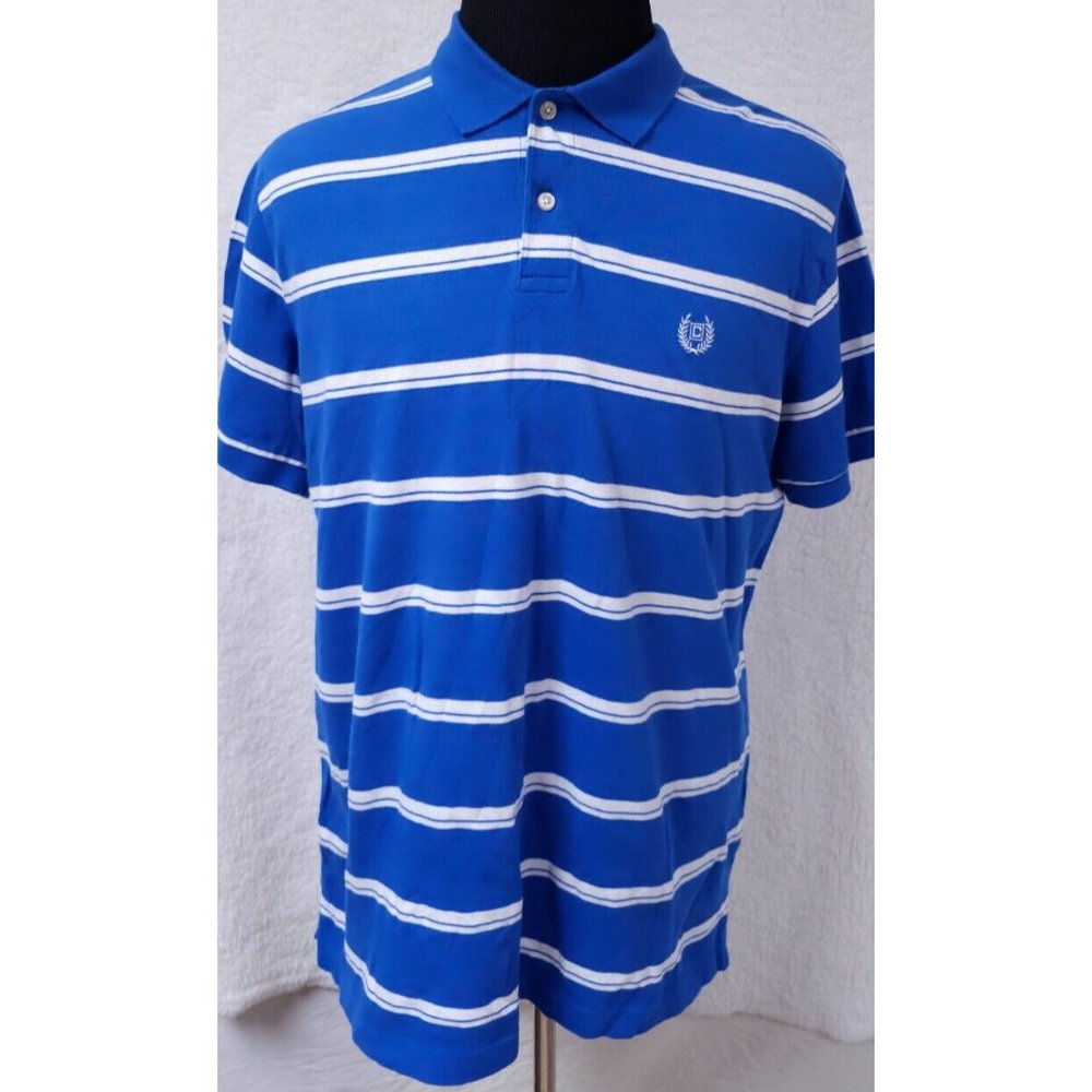 Chaps Large Blue White Stripe Short Sleeve Golf 2 Button Pullover Polo Shirt